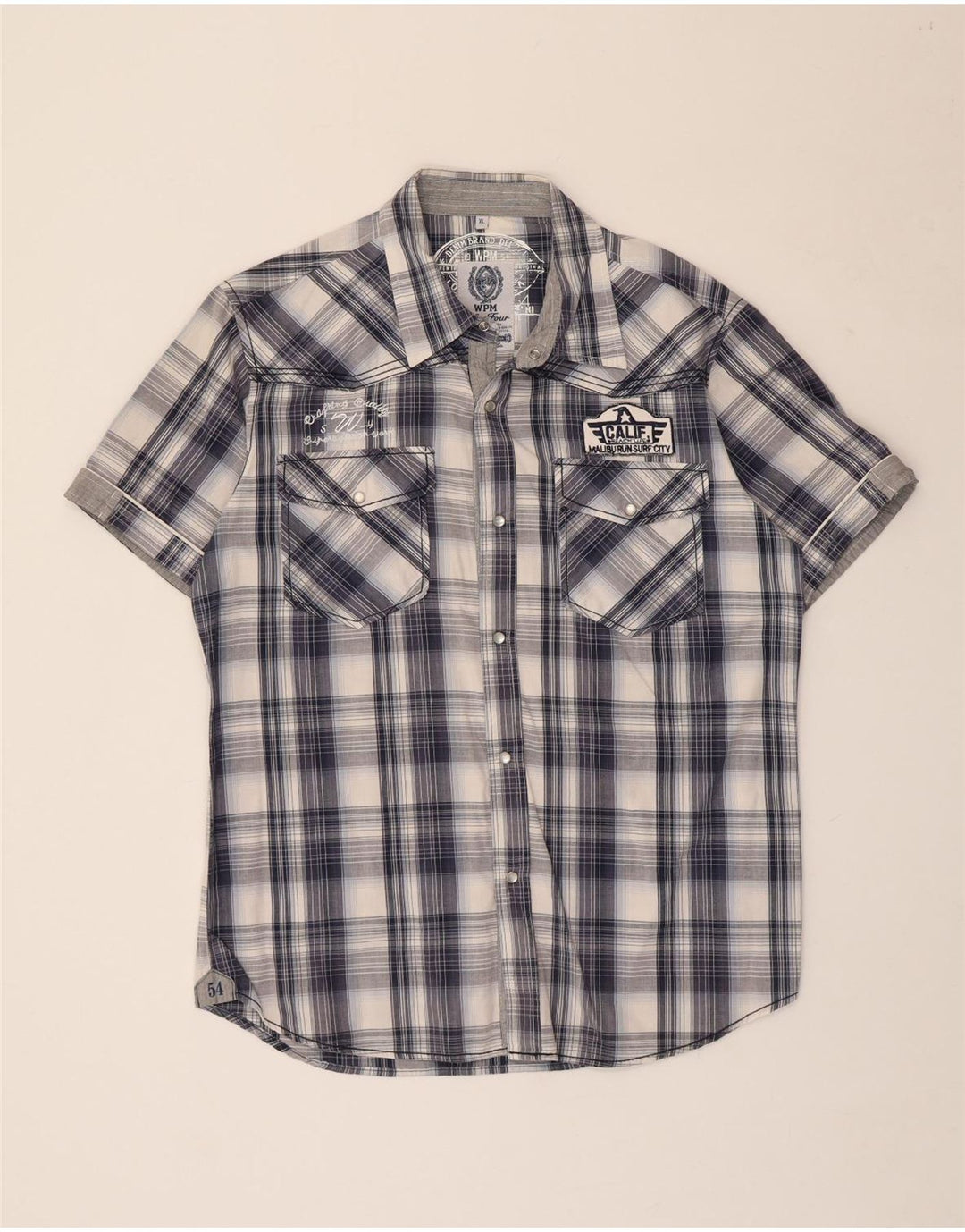 WPM Chemise graphique à manches courtes pour homme XL en coton à carreaux bleu marine