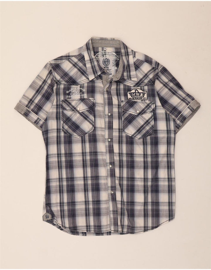 WPM Chemise graphique à manches courtes pour homme XL en coton à carreaux bleu marine