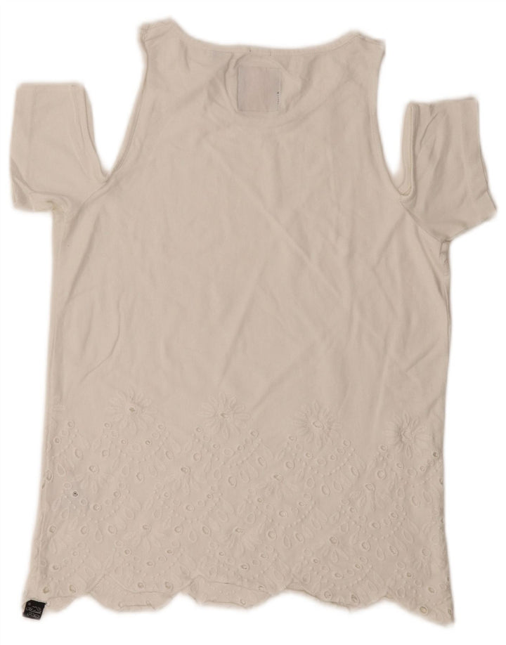 Superdry Femme Regular Fit T-Shirt Top UK 6 XS Blanc Cassé Coton