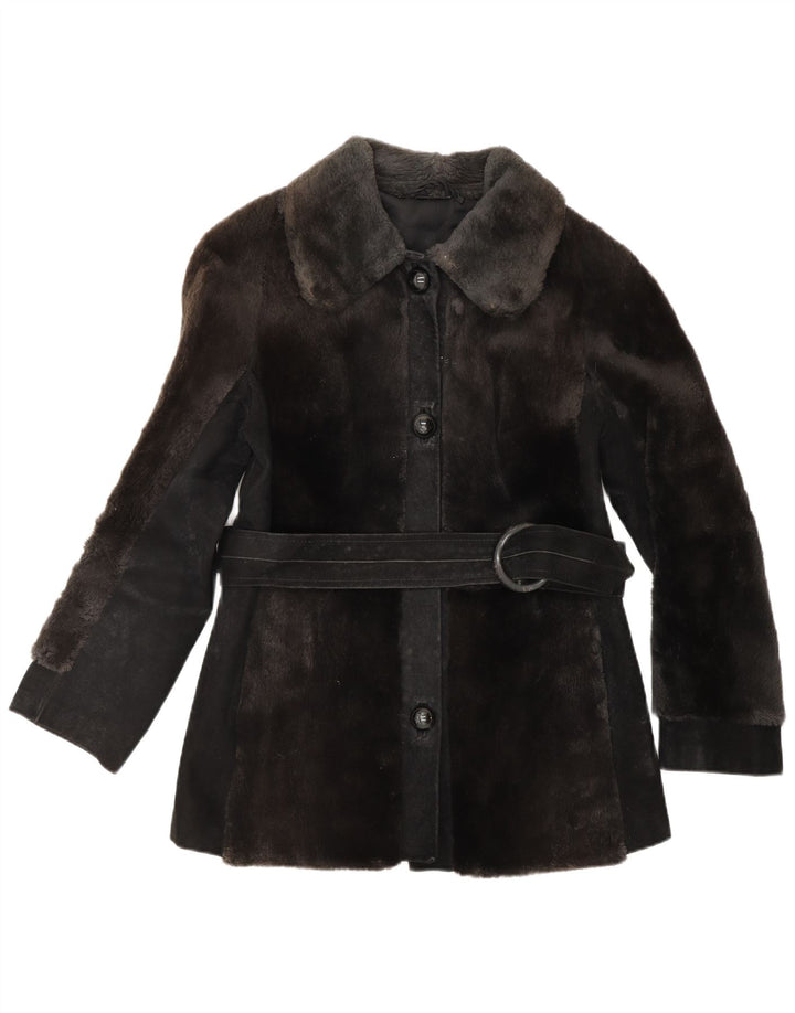 Veste en daim fausse fourrure femme vintage UK 12 brun moyen