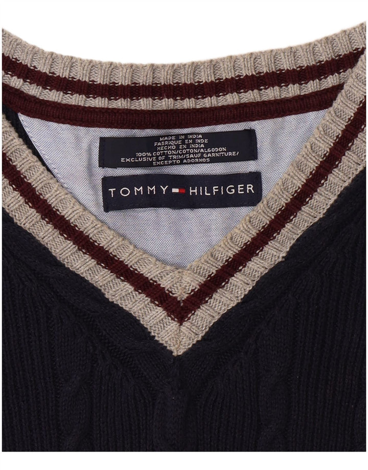 TOMMY HILFIGER Pull col V Homme XL Bleu Marine Colorblock Coton