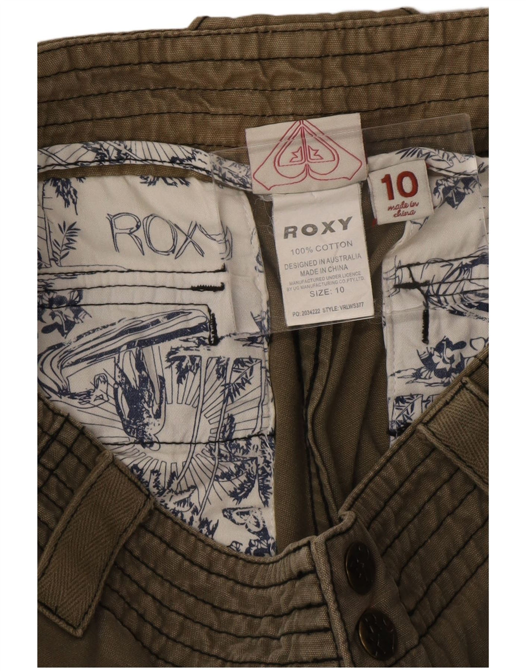 ROXY Short cargo graphique taille moyenne pour femme US 10 Large W29 Coton kaki