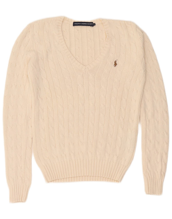 Ralph Lauren Pull col en V pour femme UK 10 Petit coton blanc cassé