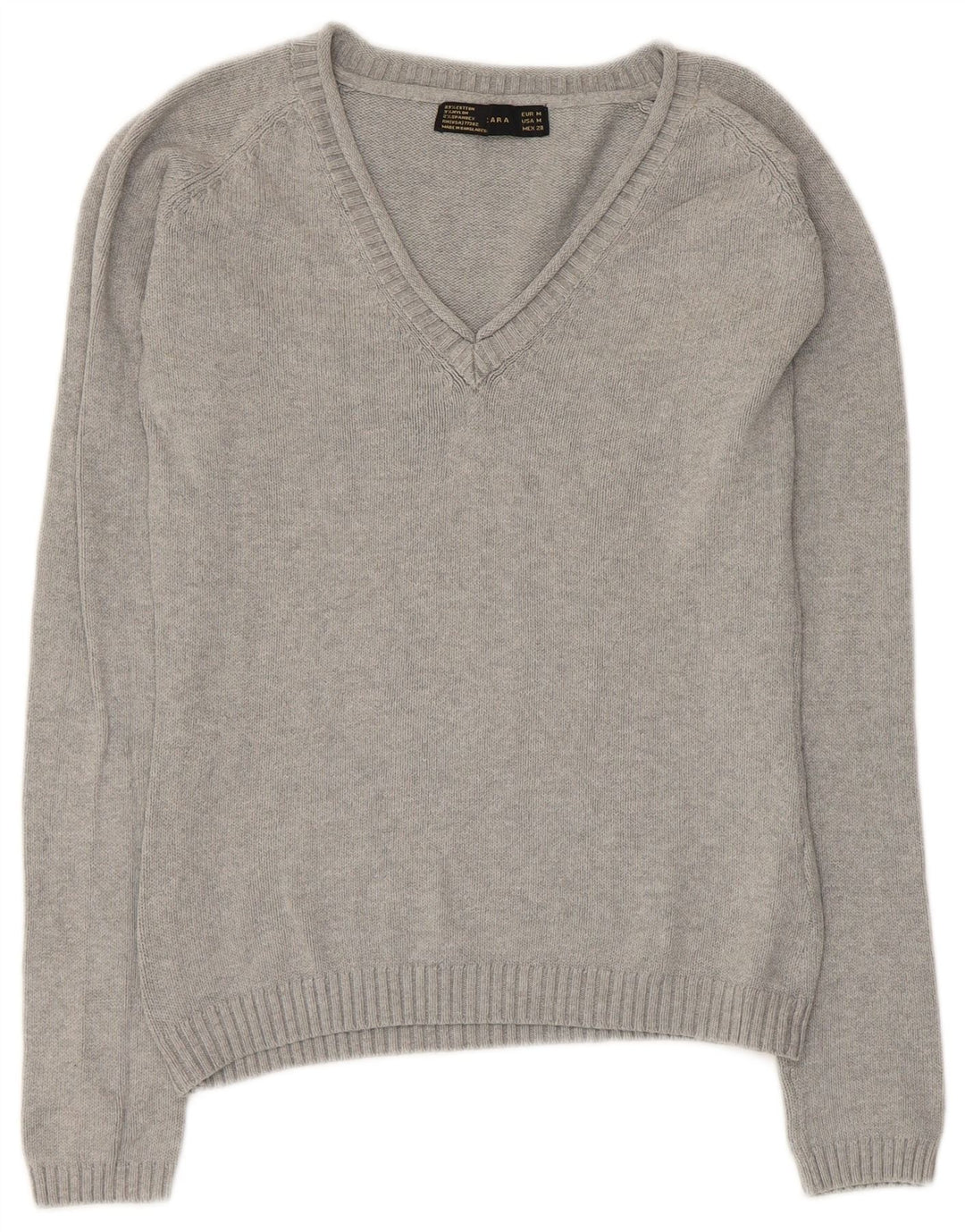 ZARA Pull col en V pour femme UK 12 Gris moyen Coton