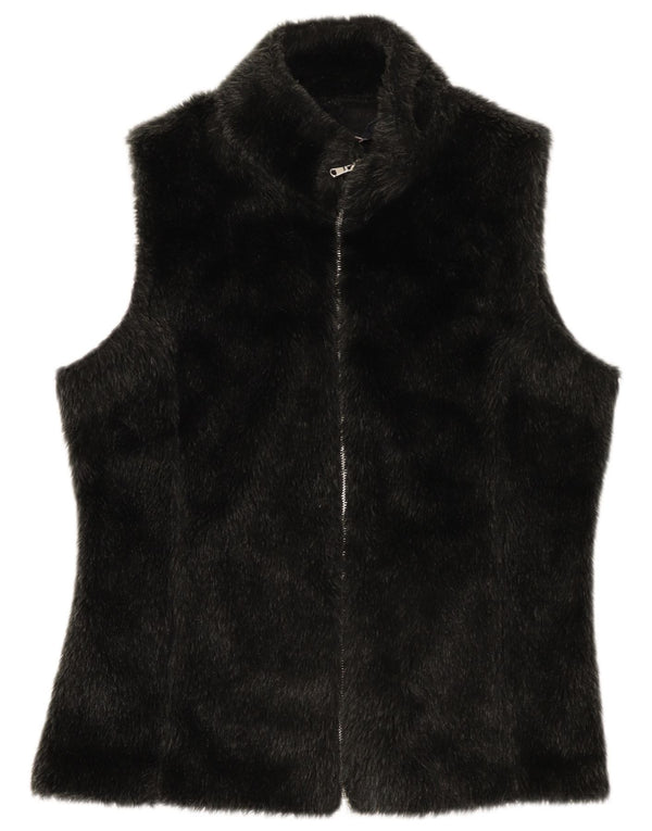 vintage Femmes Fausse Fourrure Gilet UK 14 Grand Noir Polyester