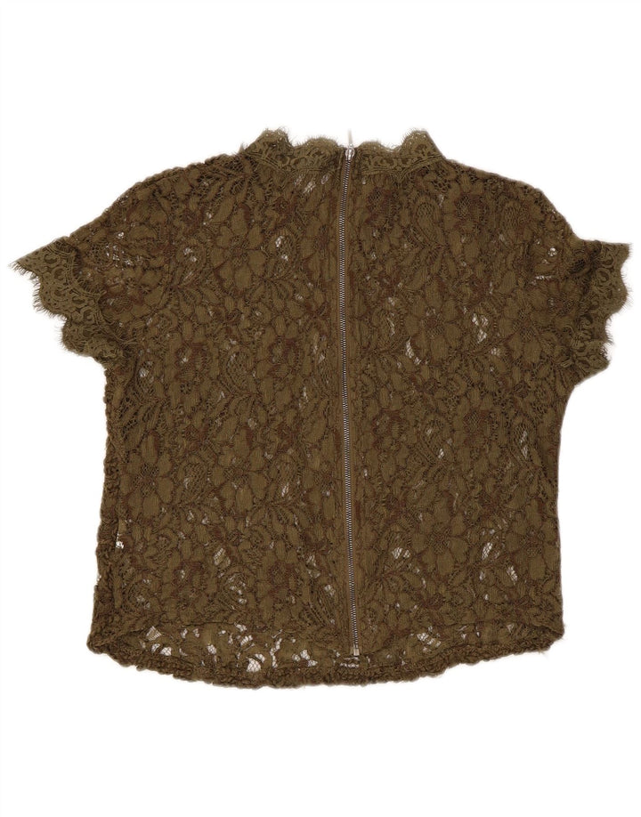 Zara Womens Lace See Through Blouse Top UK 8 Petit Kaki