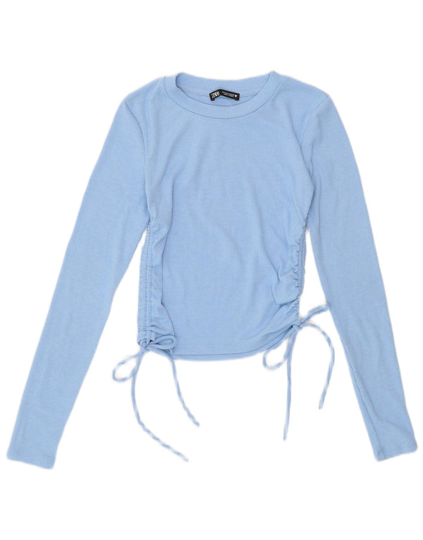 Zara Womens Crop Long Sleeve Blouse Top UK 8 Petit Bleu Polyester