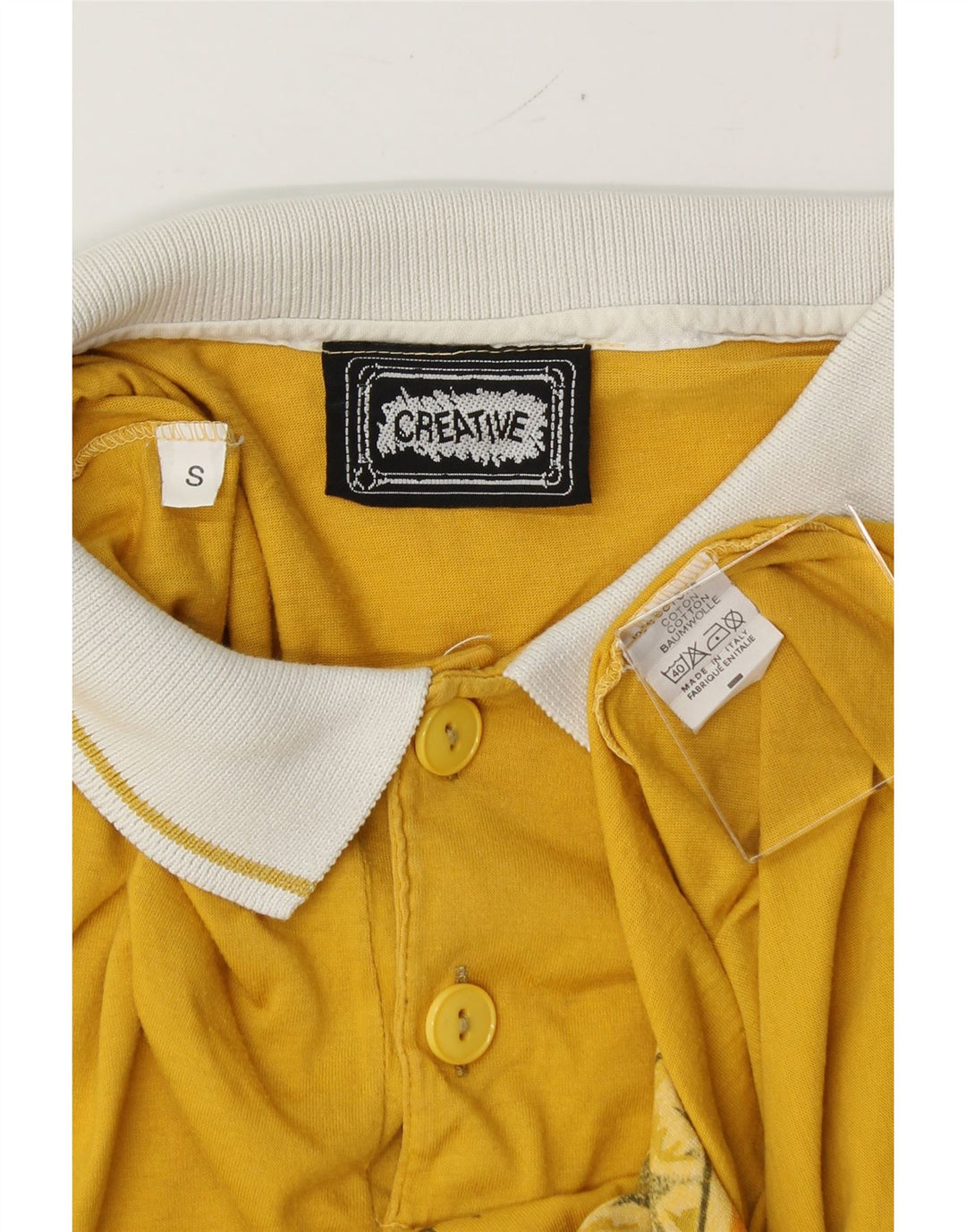 CREATIVE Mens Graphic Polo Shirt Small Yellow Cotton Vintage Creative and Second-Hand Creative from Messina Hembry 