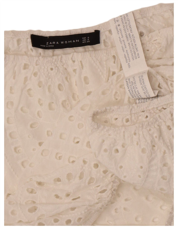 Zara Femmes Crop Off Épaule Top UK 10 Petit Blanc Coton