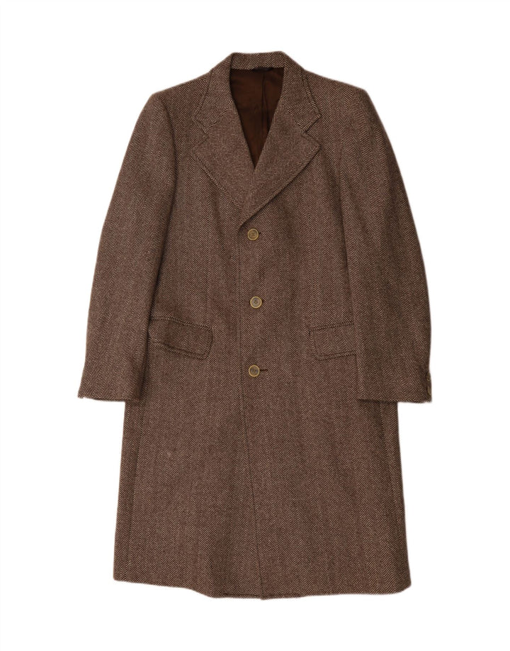 vintage Mens Overcoat UK 36 Petite laine vierge à chevrons bruns