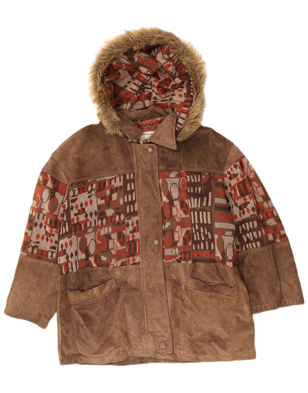 vintage Femmes Daim Surdimensionné Coupe-Vent Manteau IT 46 Grand Beige Géométrique