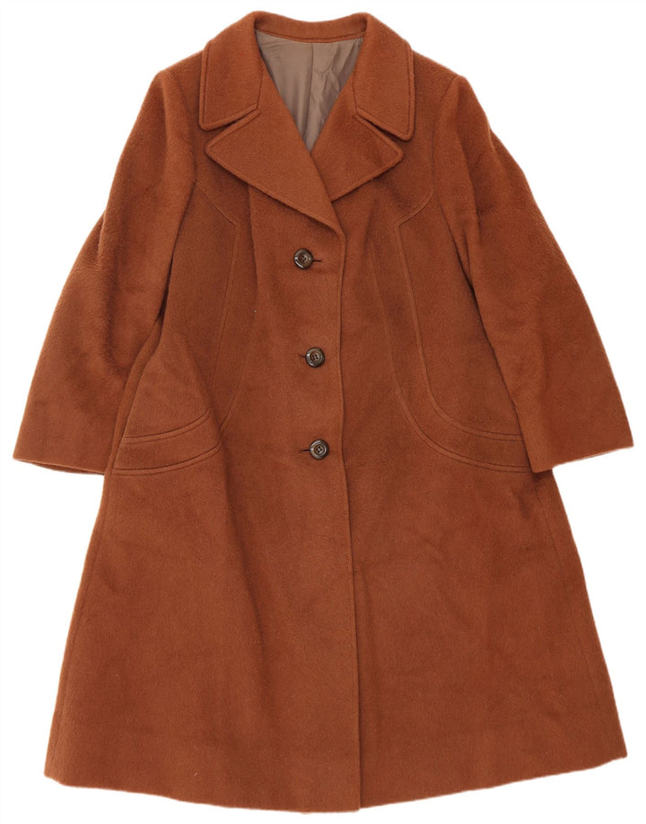 vintage Femme Pardessus UK 14 Laine Vierge Brun Moyen