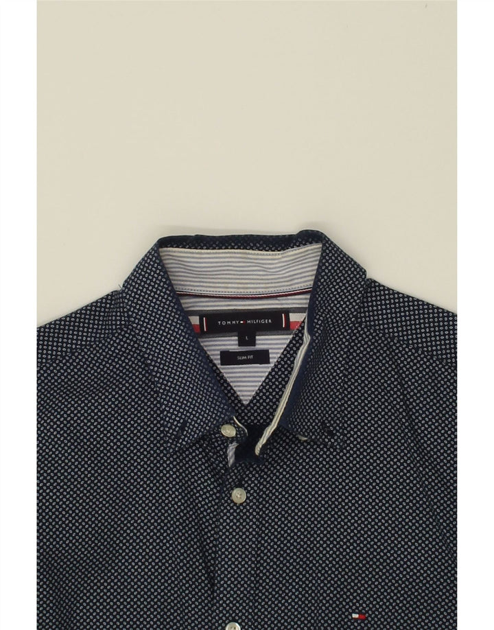 TOMMY HILFIGER Mens Slim Shirt Large Navy Blue Spotted Vintage Tommy Hilfiger and Second-Hand Tommy Hilfiger from Messina Hembry 