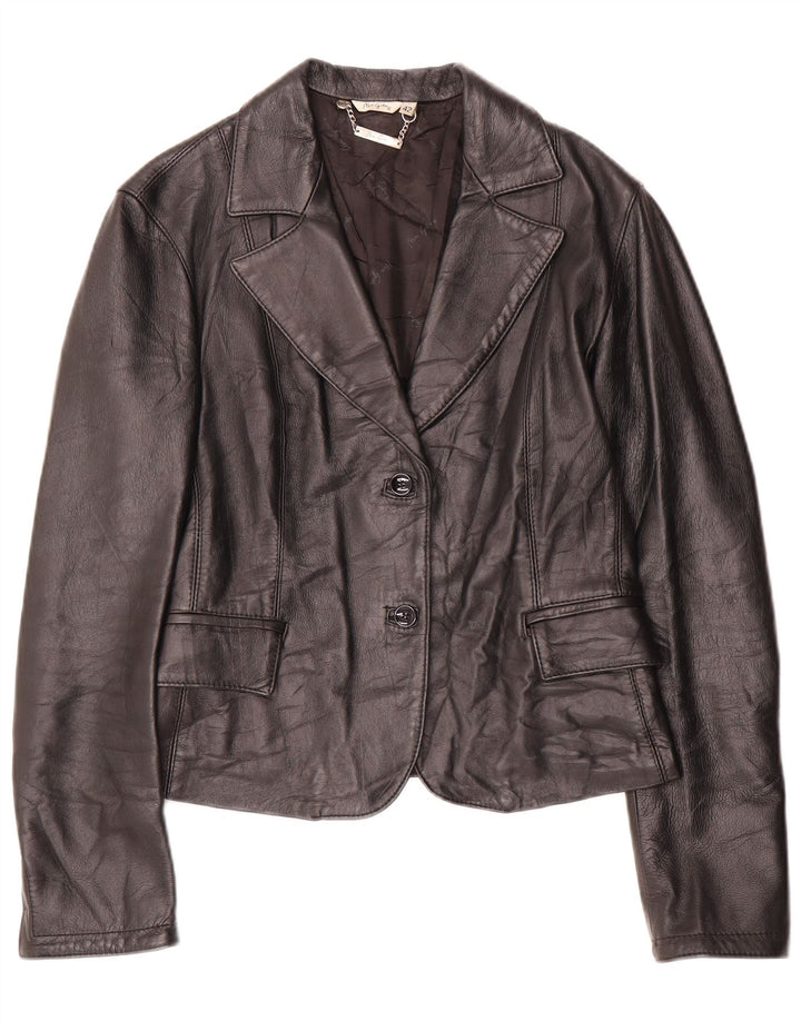 vintage Femme 2 Boutons Veste Blazer En Cuir IT 42 Cuir Noir Moyen