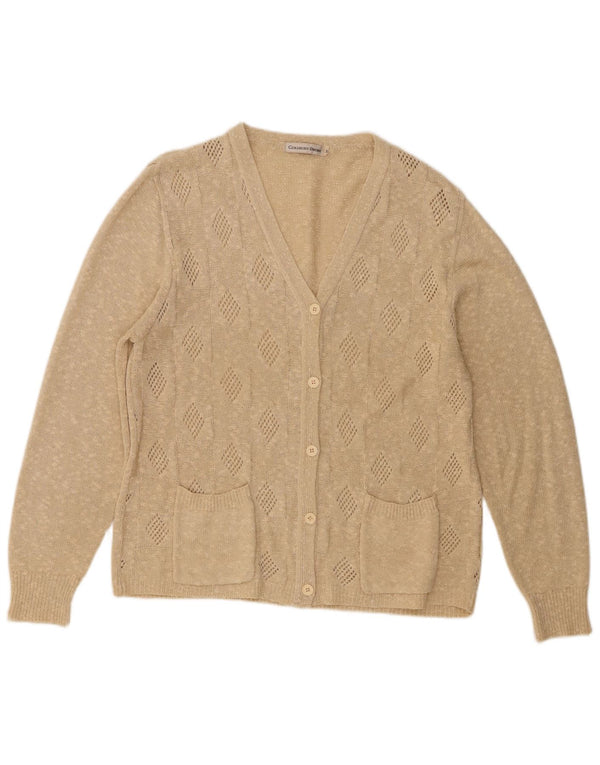 vintage Femme Cardigan Pull UK 14 Coton Géométrique Beige Moyen