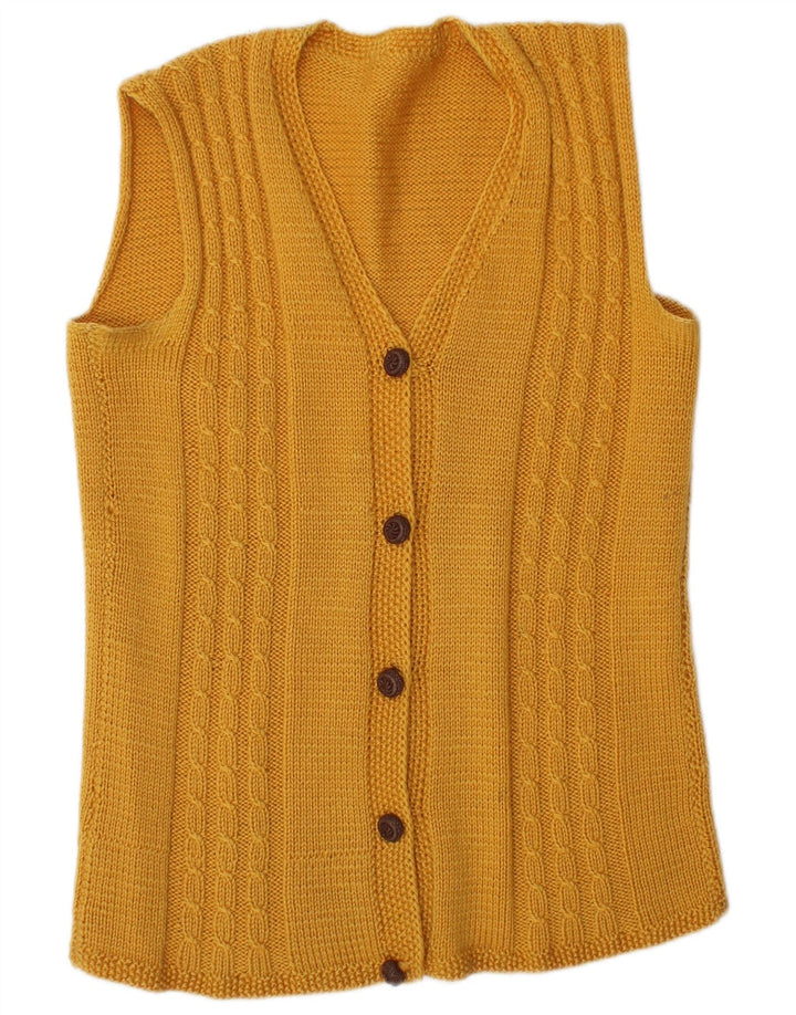 VINTAGE Pull cardigan sans manches femme UK 14 Jaune moyen
