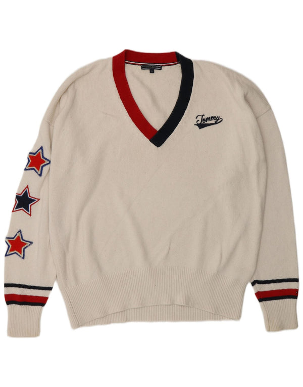 Tommy Hilfiger Mens Graphic V-Neck Jumper Sweater XL White Striped Cotton