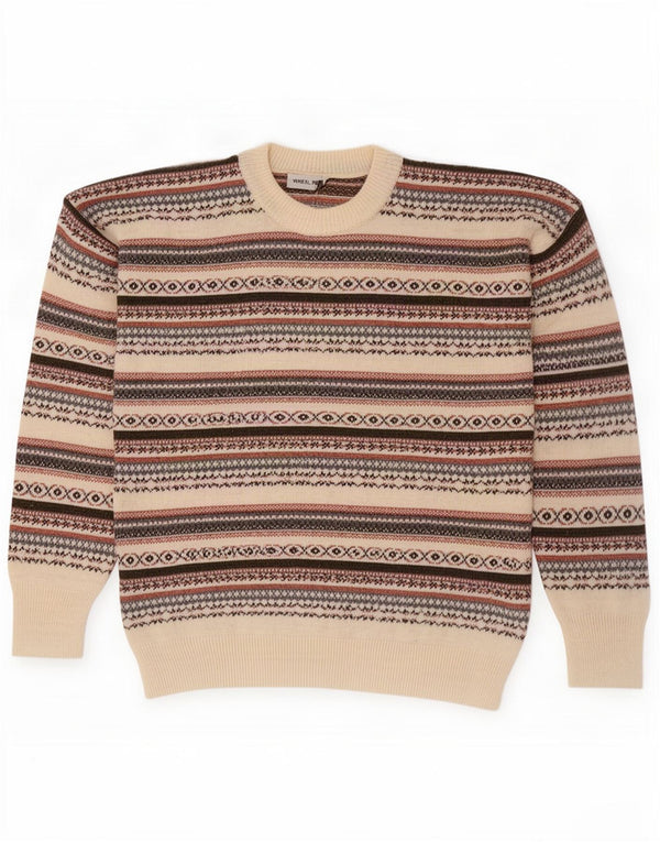 vintage Mens Crew Neck Jumper Pull Grand Off White Fair Isle