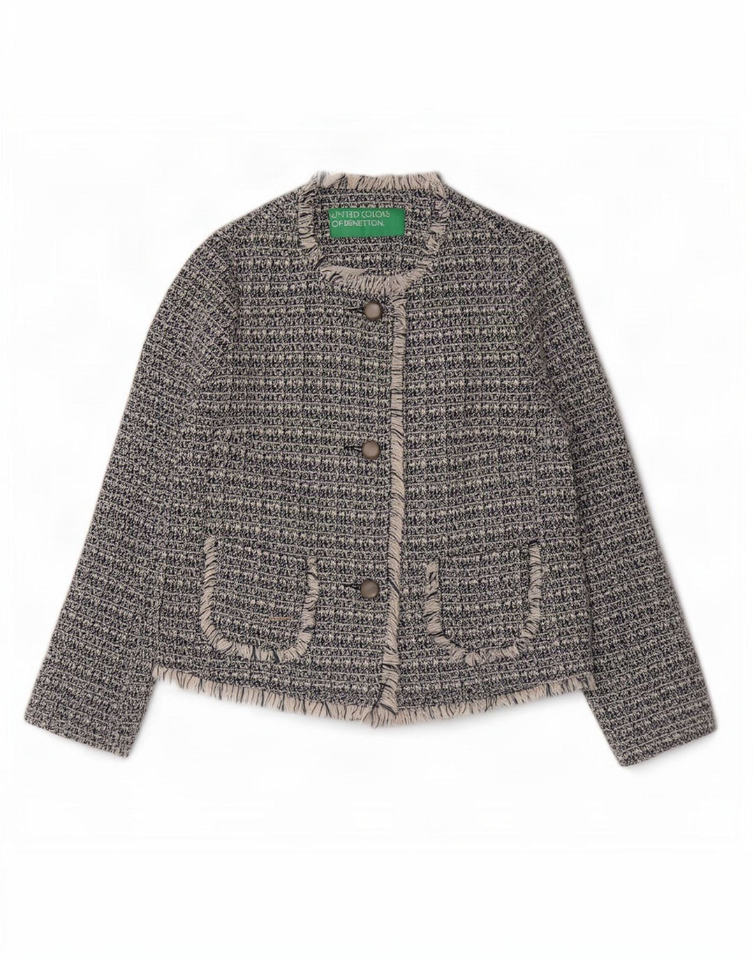 Benetton Veste blazer à 3 boutons pour femme UK 8 Petit coton moucheté bleu marine