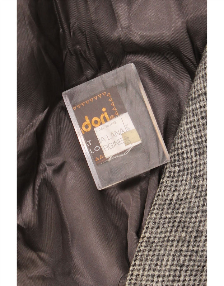 vintage Mens Open Overcoat IT 48 Moyen Gris Pied-de-poule Laine Vierge