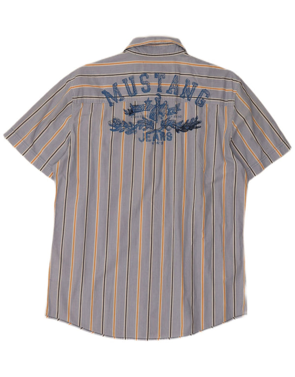 Mustang Chemise graphique à manches courtes pour homme en coton à fines rayures bleues