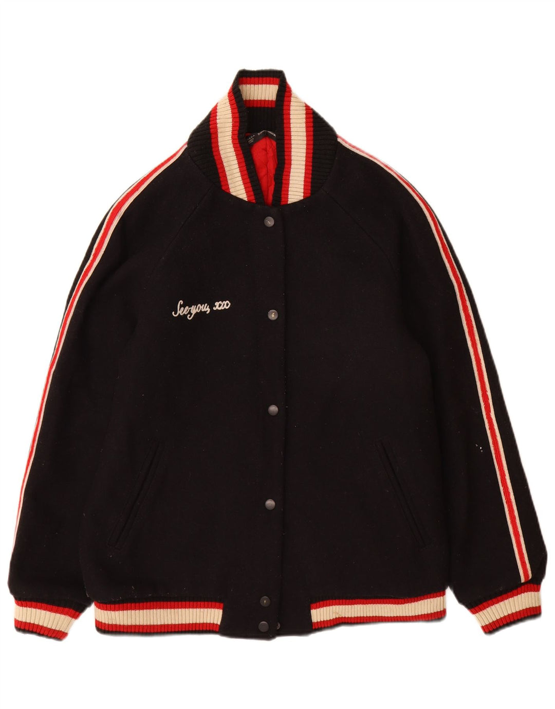 Zara Womens Trafaluc Graphic Varsity Jacket UK 16 Large Noir Colorblock