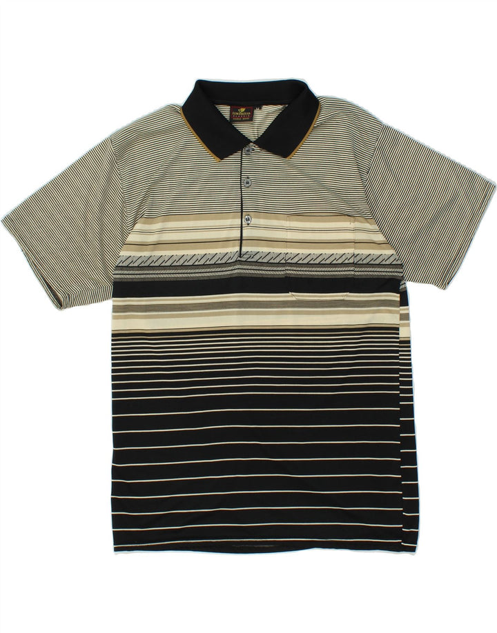 VINTAGE Polo Homme Gris Moyen Rayé Polyester