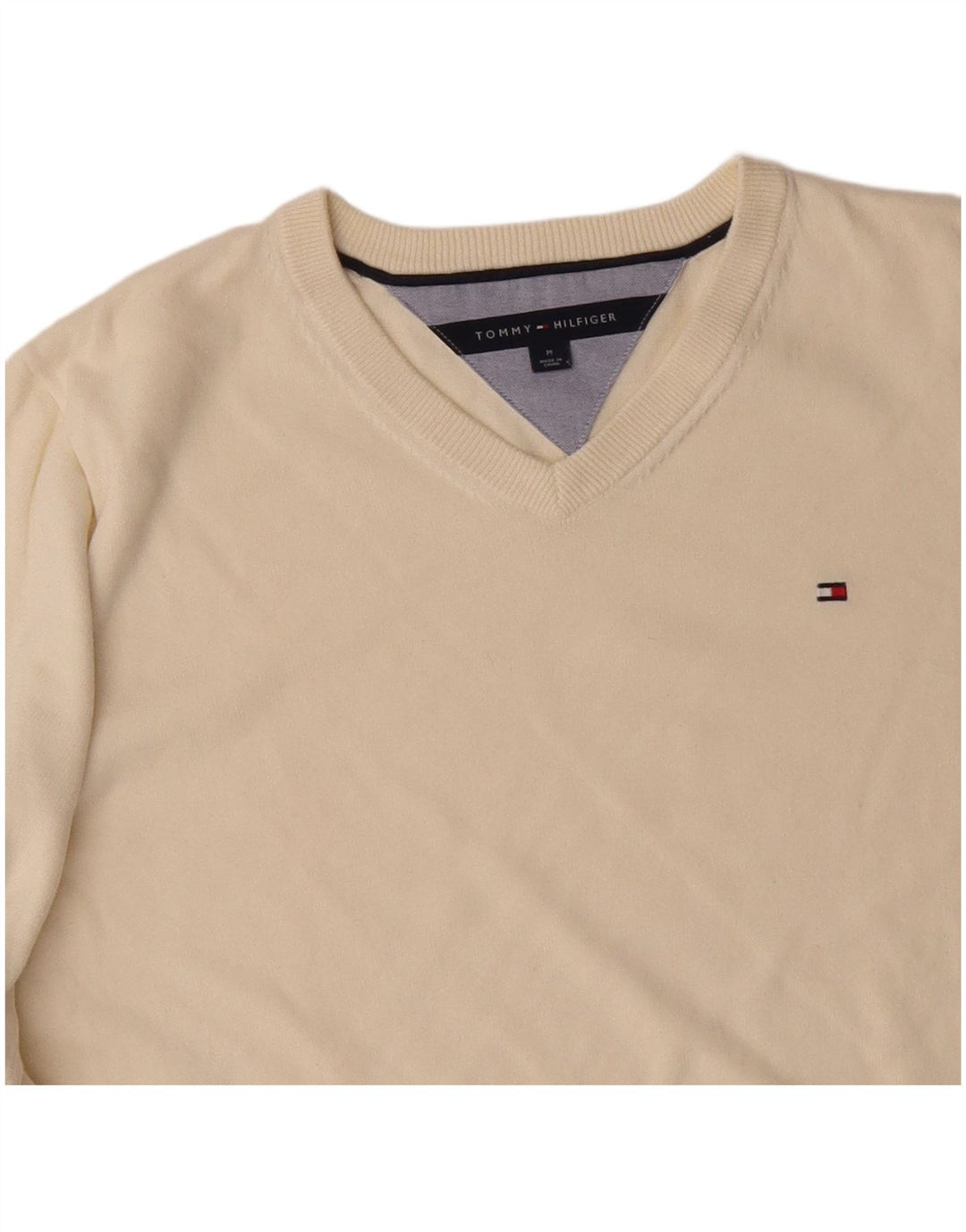 TOMMY HILFIGER Pull Col V Homme Blanc Cassé Moyen Coton