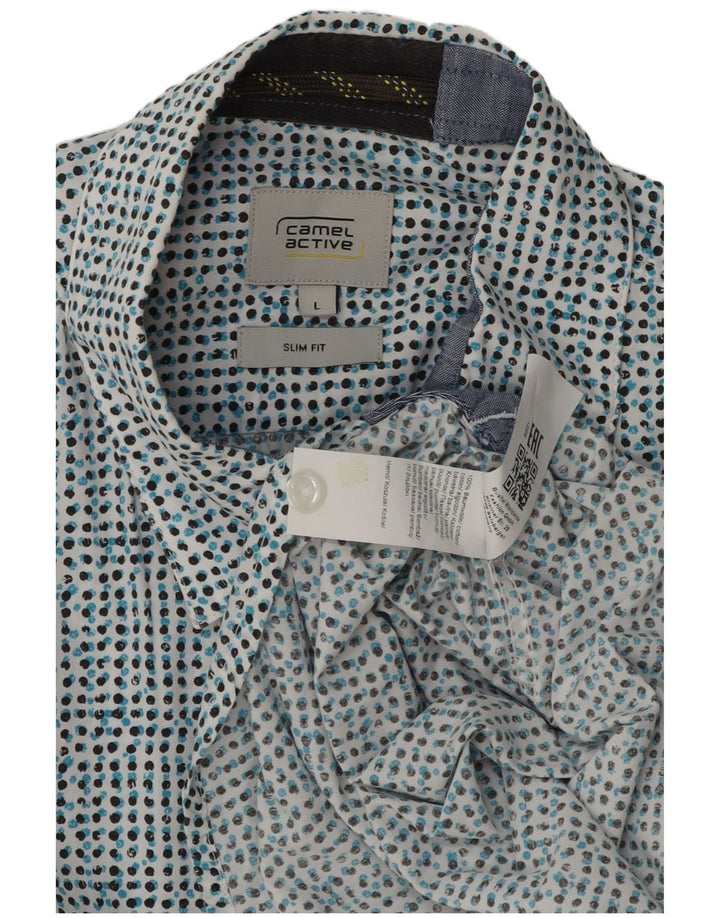 Camel Active Chemise Slim à Manches Courtes pour Hommes en Coton à Pois Bleu Large