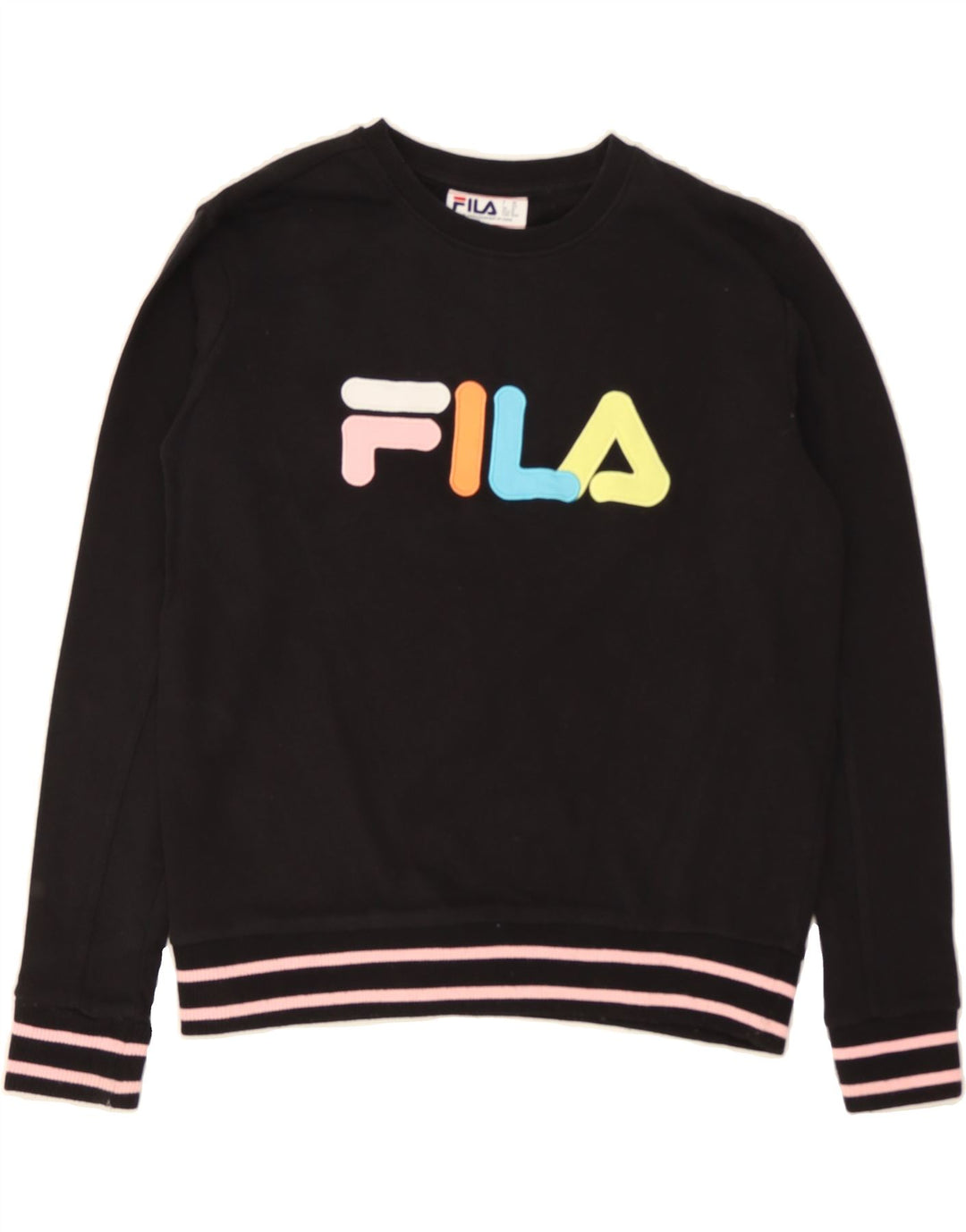 FILA Womens Graphic Sweatshirt Jumper UK 14 Medium Black Cotton Vintage Fila and Second-Hand Fila from Messina Hembry 