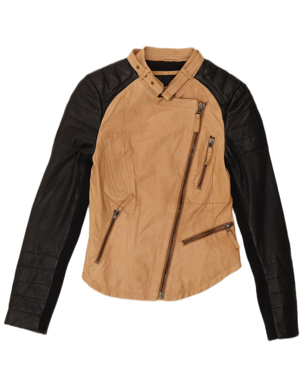 Zara Womens Crop Faux Leather Racer Jacket UK 6 XS Beige Colorblock