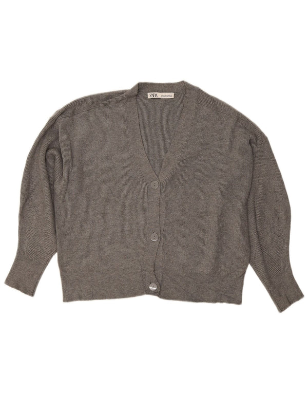 Zara Womens Loose Fit Crop Cardigan Pull UK 14 Gris Moyen Viscose