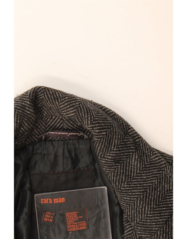 Zara Manteau Homme UK 38 Laine à Chevrons Gris Moyen