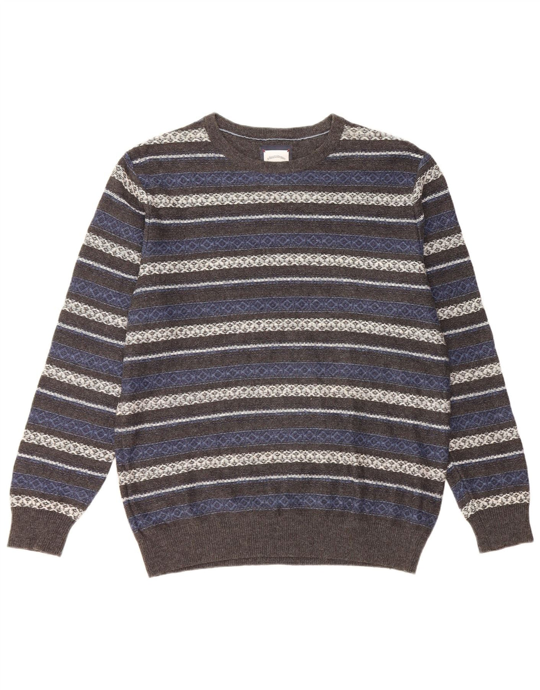vintage Mens Crew Neck Jumper Pull Moyen Gris Rayé Coton