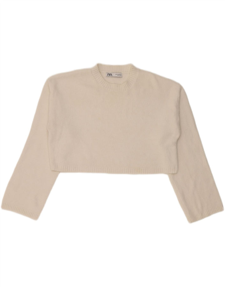 Zara Pull court à col rond pour femme UK 14 en nylon blanc moyen