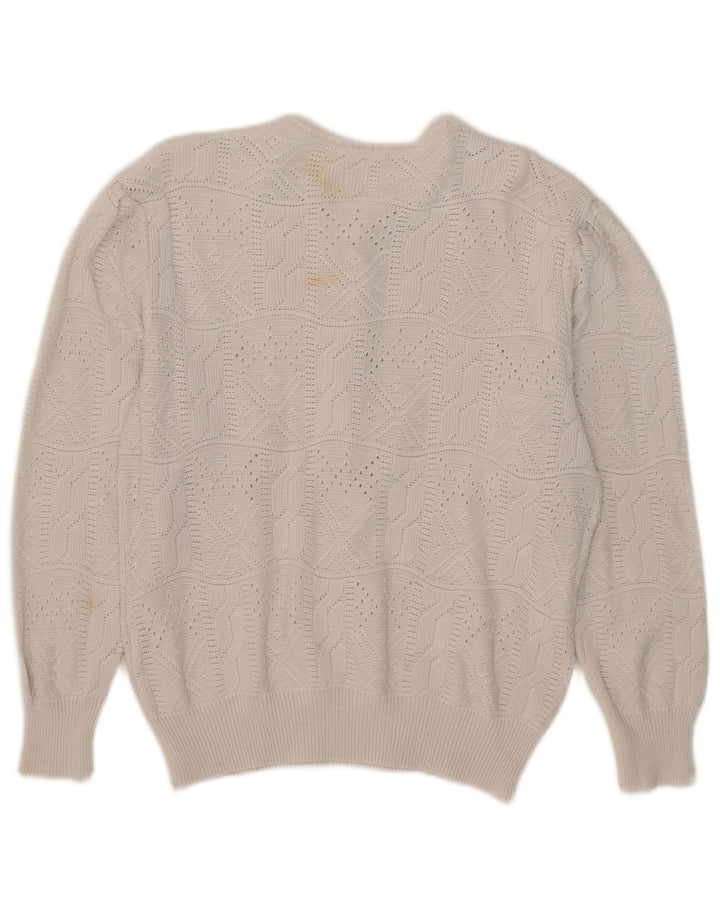 vintage Femme Bouton Neck Jumper Pull IT 42 Acrylique Blanc Moyen