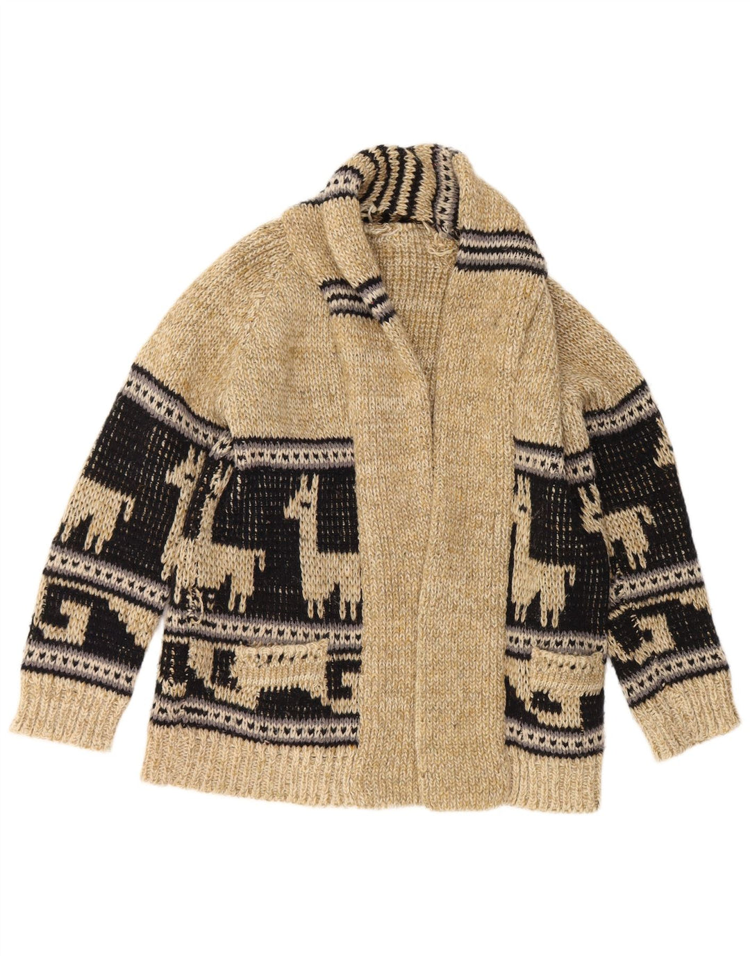 Vintage Mens Graphic Open Cardigan Pull Beige Moyen Colorblock
