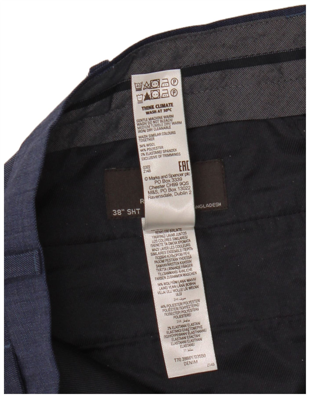 Marks & Spencer Pantalon de costume coupe classique pour homme W38 L29 Bleu laine