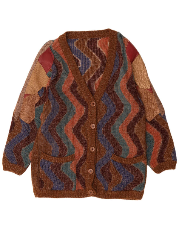 vintage Femme Cardigan Pull UK 18 XL Marron Colourblock Laine