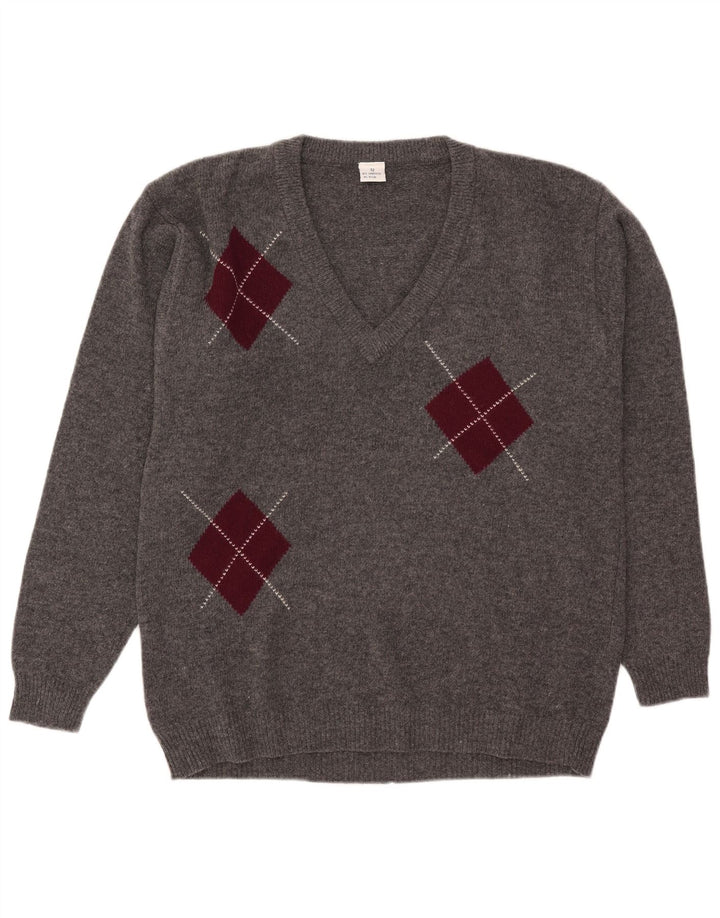 vintage Homme Col V Pull Pull IT 52 Grand Gris Argyle/Diamant