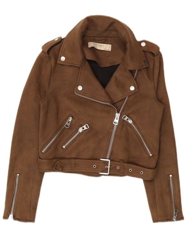 Zara Veste de motard courte pour femme UK 6 XS Marron