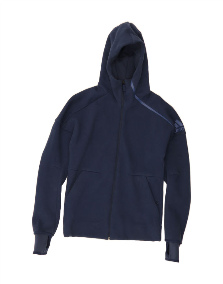 ADIDAS Mens Graphic Zip Hoodie Sweater Small Navy Blue Vintage Adidas and Second-Hand Adidas from Messina Hembry 