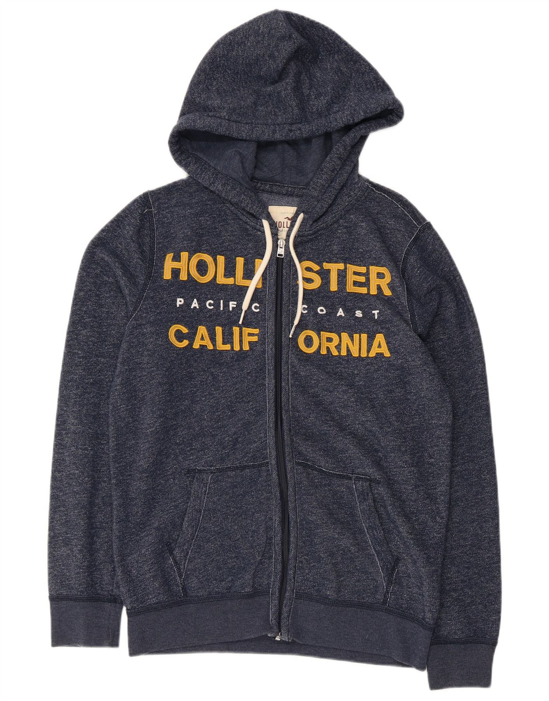 HOLLISTER Pull à capuche zippé graphique pour hommes, petit coton moucheté bleu marine
