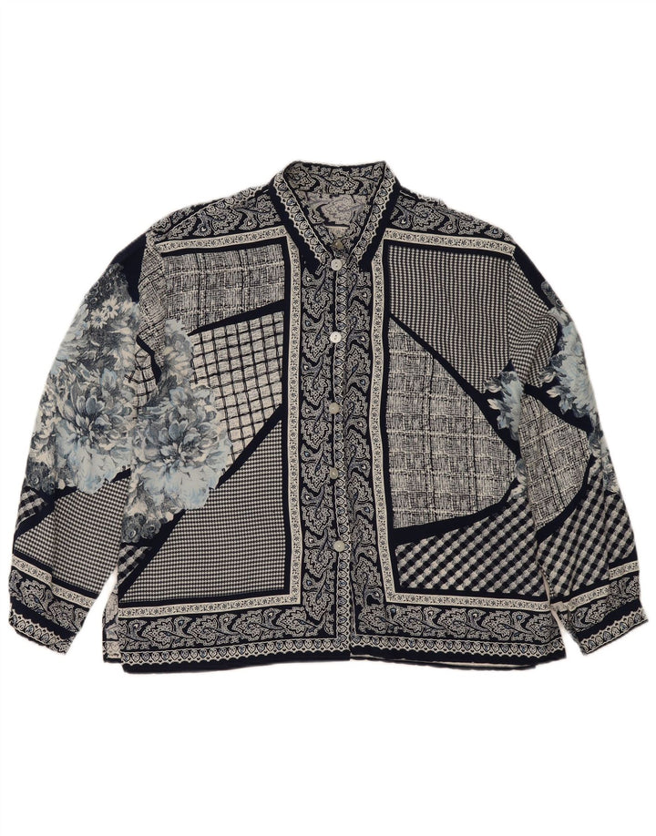 vintage Femme Chemise Blouse UK 14 Grand Bleu Marine Patchwork