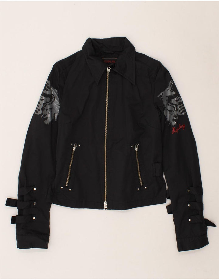 REPLAY Veste Bomber Graphique Femme UK 14 Large Noir Coton