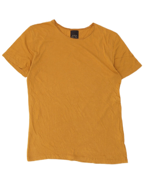 Zara T-Shirt Femme Top UK 12 Coton Jaune Moyen