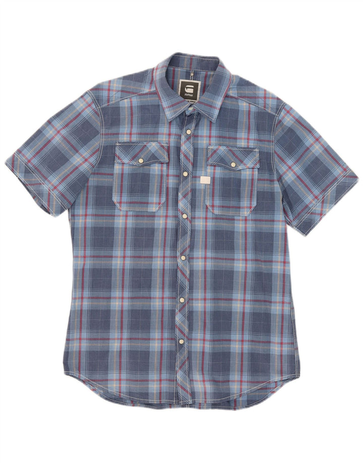G-Star Chemise à manches courtes pour homme en coton à carreaux bleus