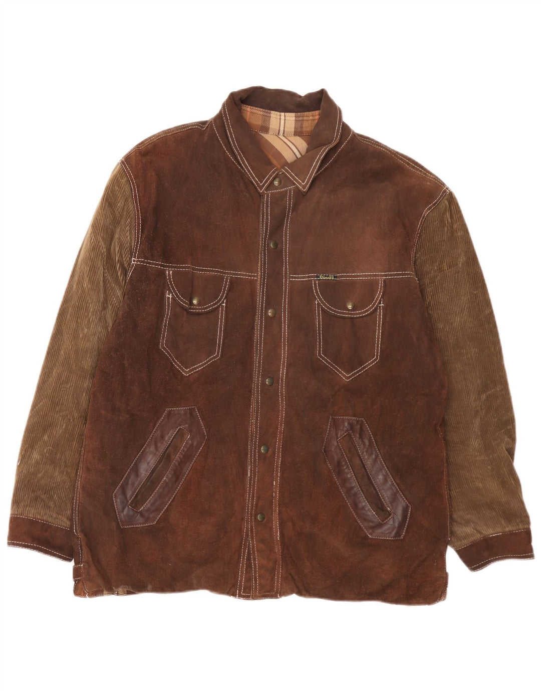 Diesel Veste réversible pour homme UK 40 Grand cuir à carreaux marron