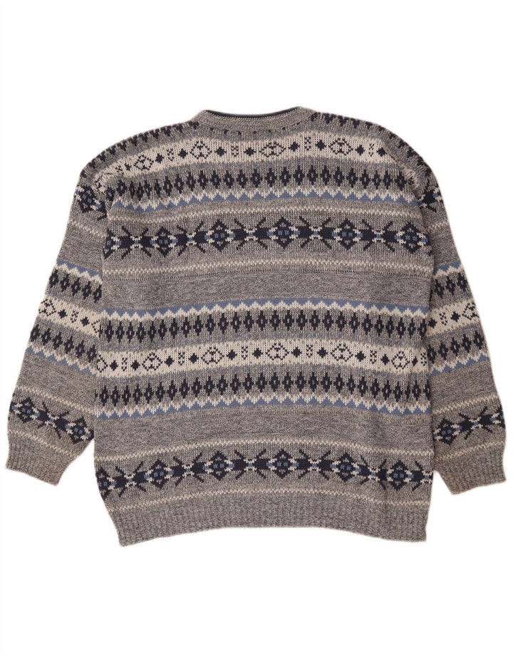 vintage Mens Crew Neck Jumper Pull Grand Gris Fair Isle