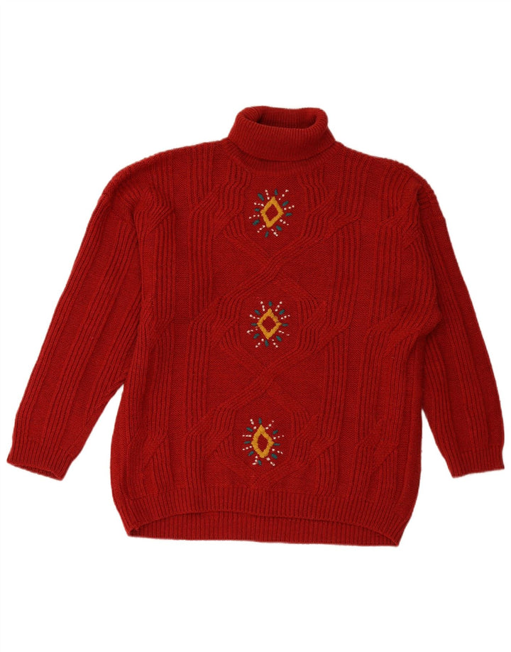 VINTAGE Pull col roulé femme UK 18 XL Bordeaux Fair Isle